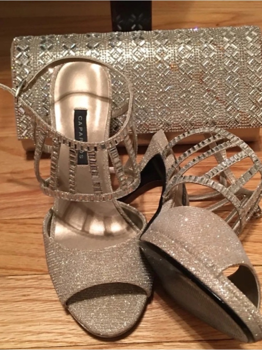 Caparros Champagne Glitter Strappy Heeled Sandals n matching satchel handbag